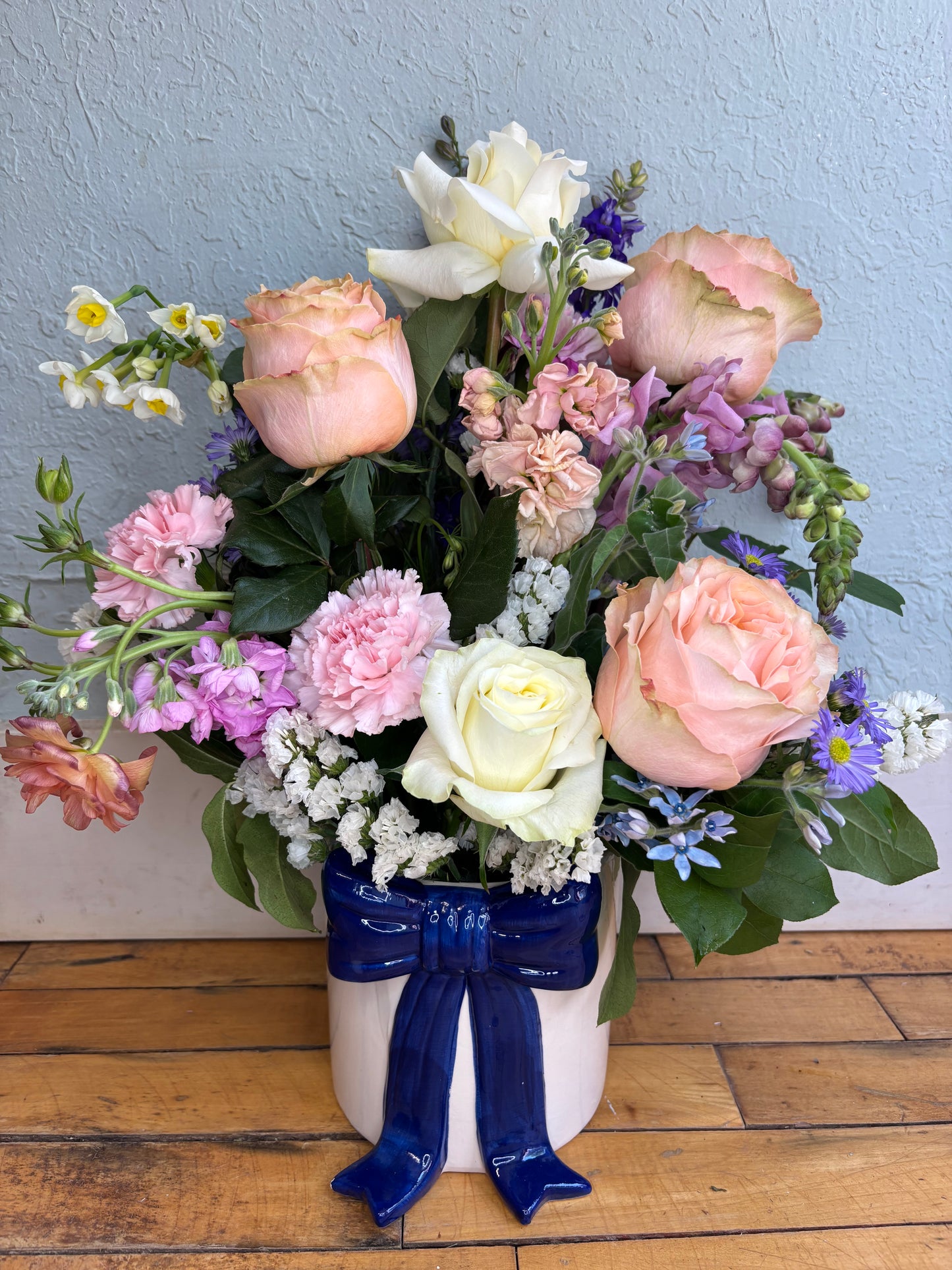 Dark Blue Bow Floral Arrangment