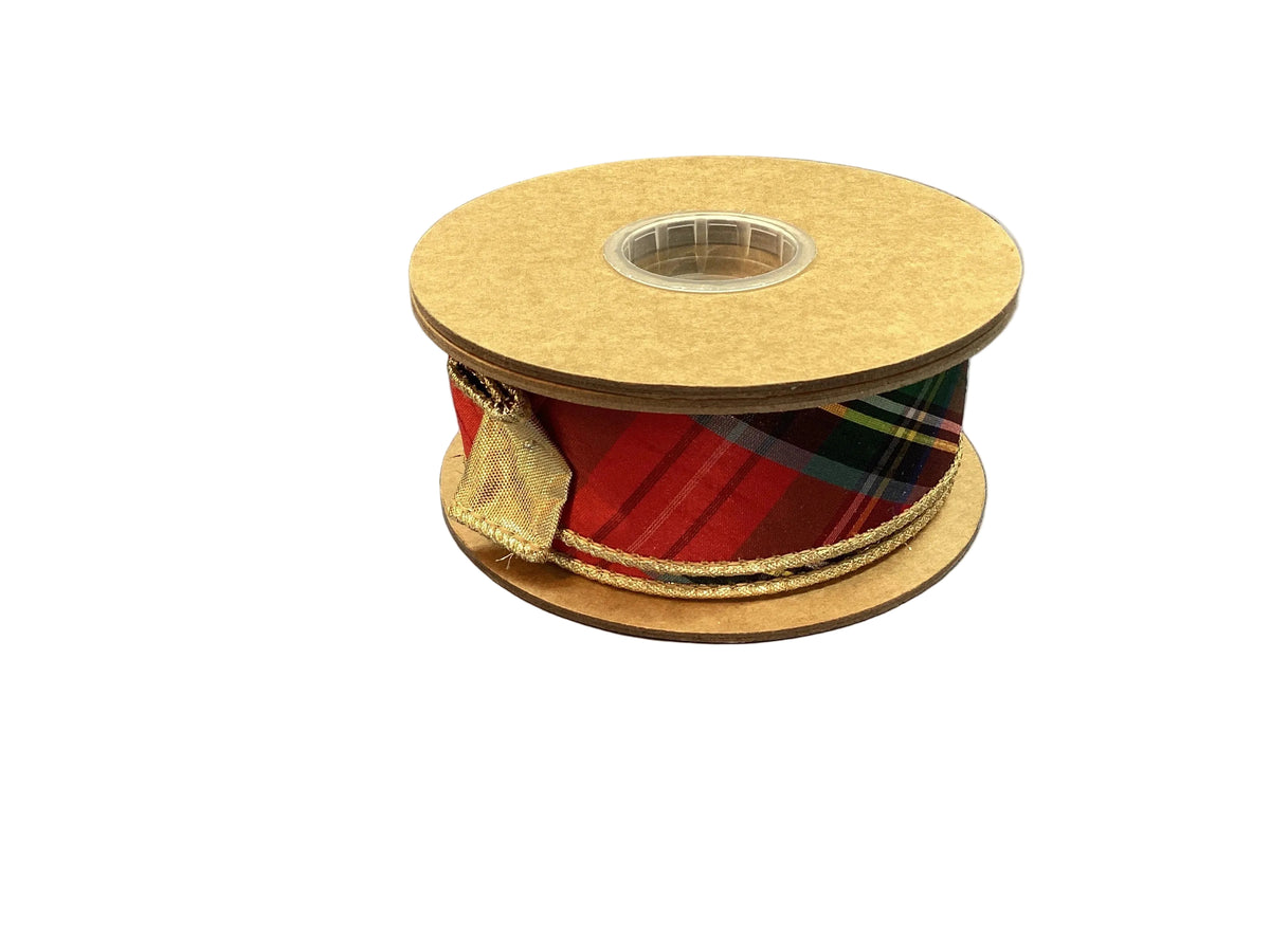 1 1/2” Wired Ribbon Christmas Plaid w/ Gold Metallic Backing