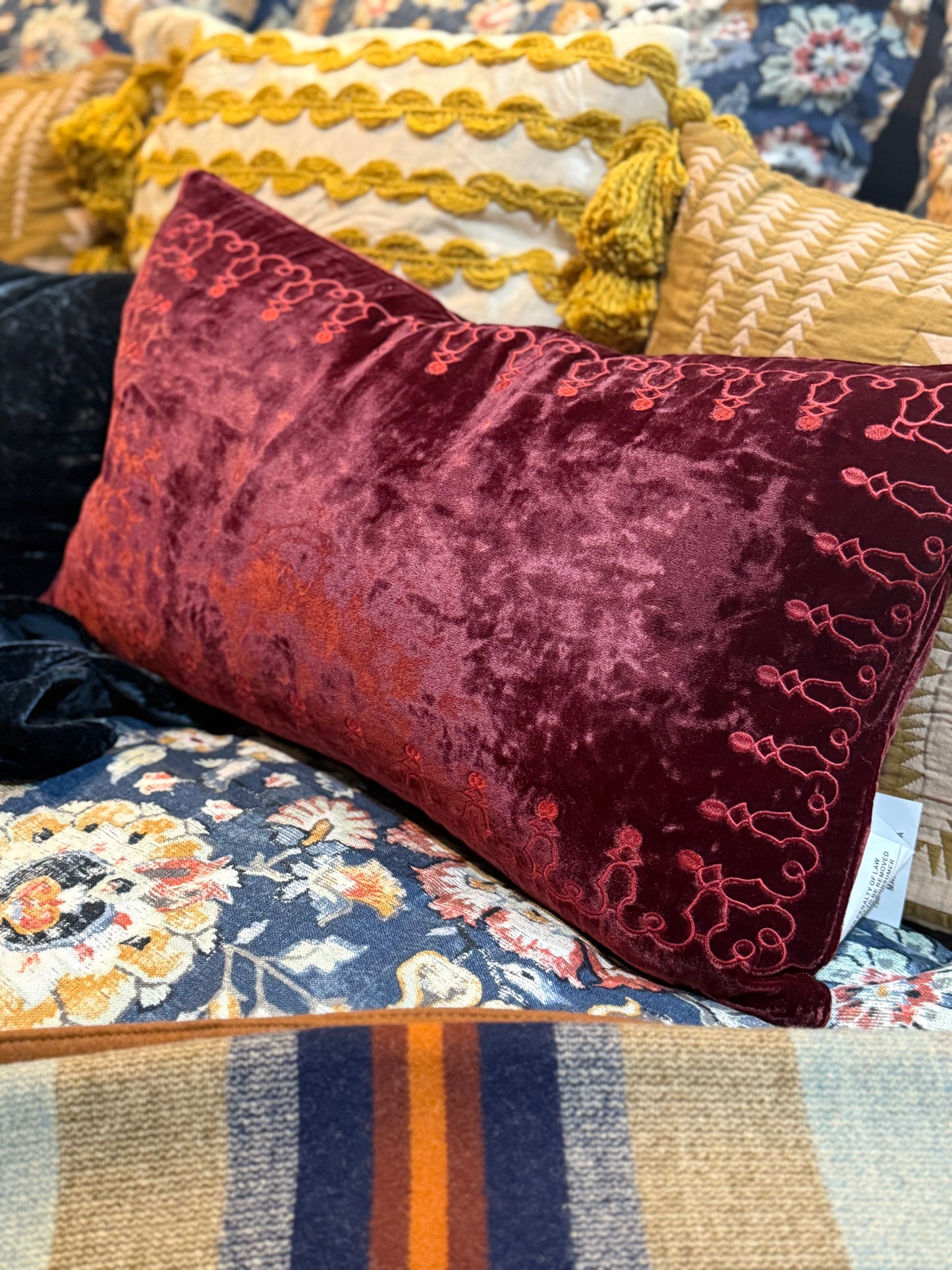 Stella Faux Silk Velvet Embroidered Lumbar Pillow