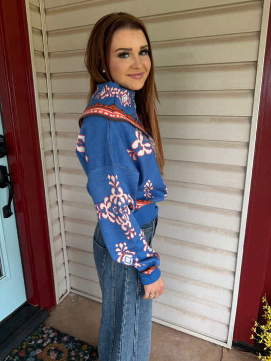 Scarf Neck Print Sweater