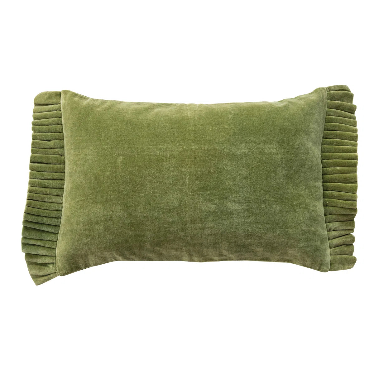 Cotton Velvet Lumbar Pillow Green W/Ruffle Trim