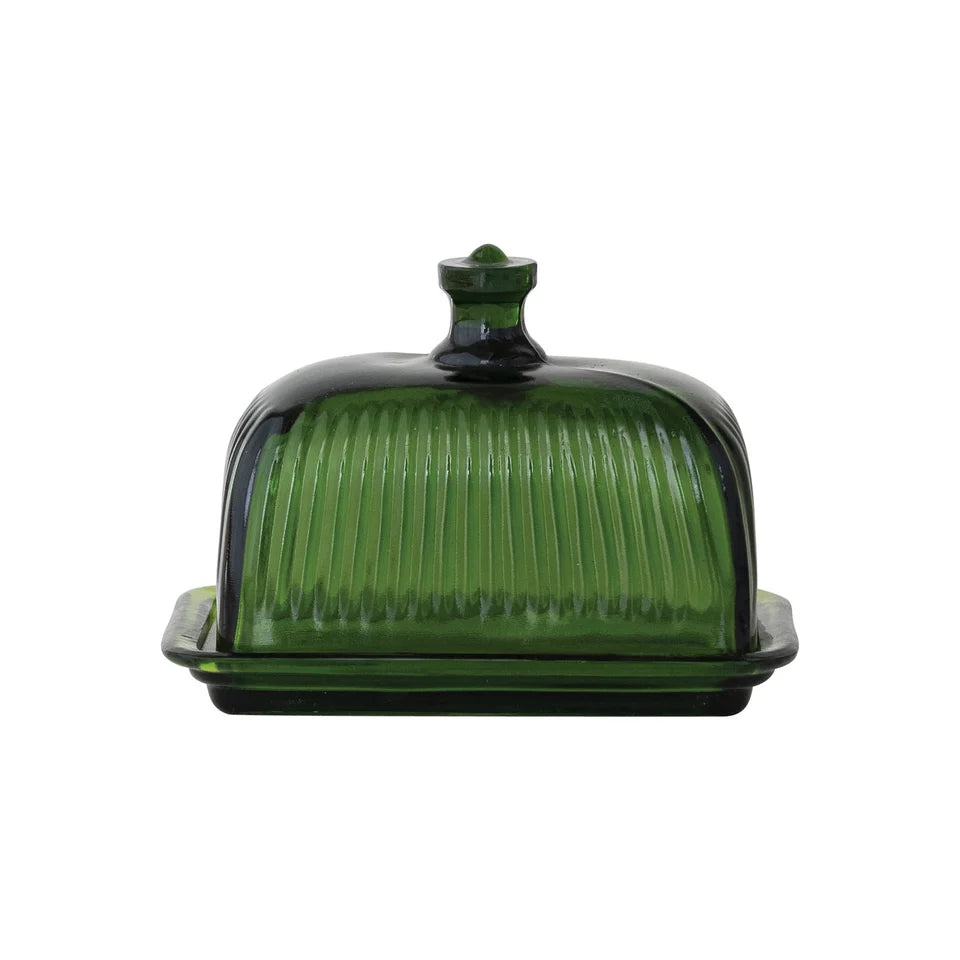 Pressed Ribbed Glass Butter Dish Green
