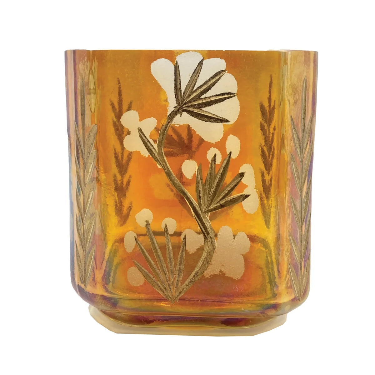 Etched Glass Tealight/Votive Holder Amber/Iridescent