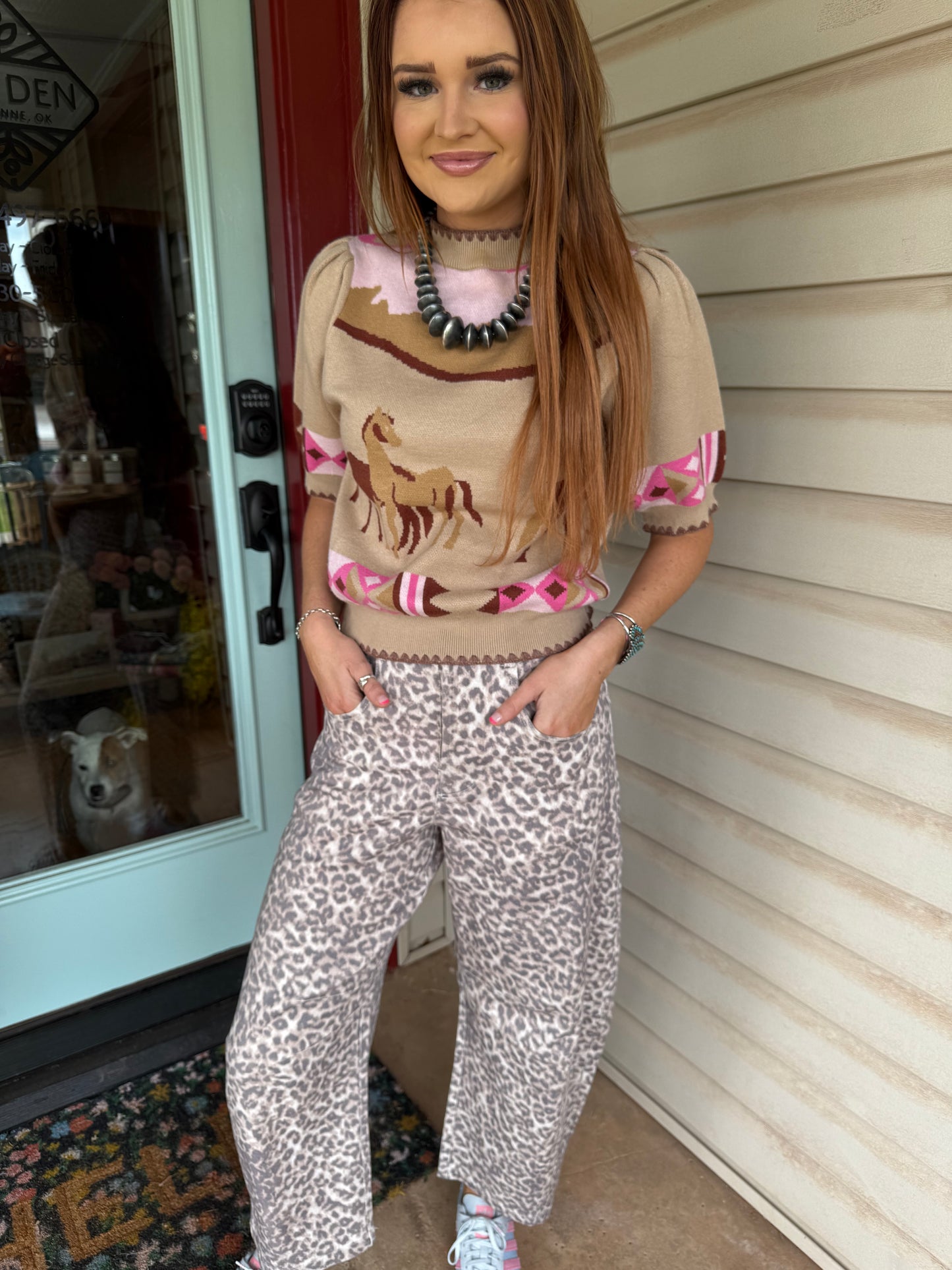 Leopard Print Stitch Barrel Jean