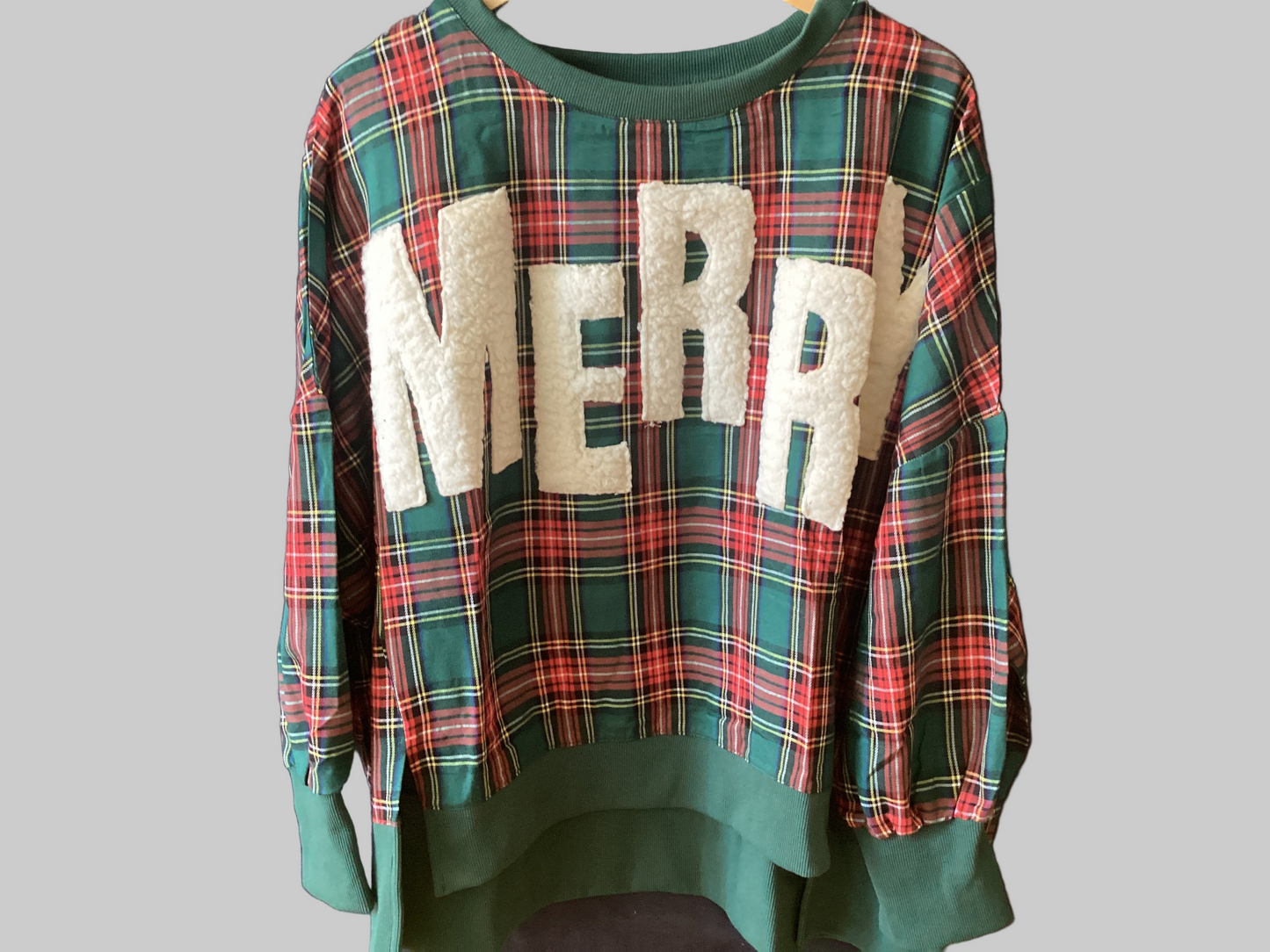 Merry Letter Patches Plaid Oversized Top