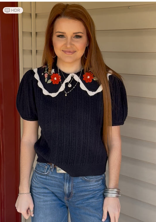 Embroidered Peter Pan Collar Knit Top