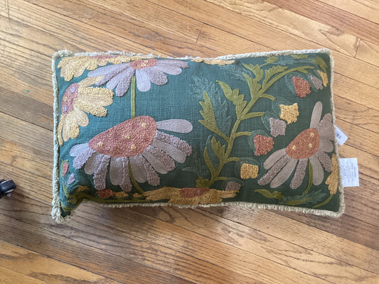 Cotton Slub Embroidered Pillow W/Fringe