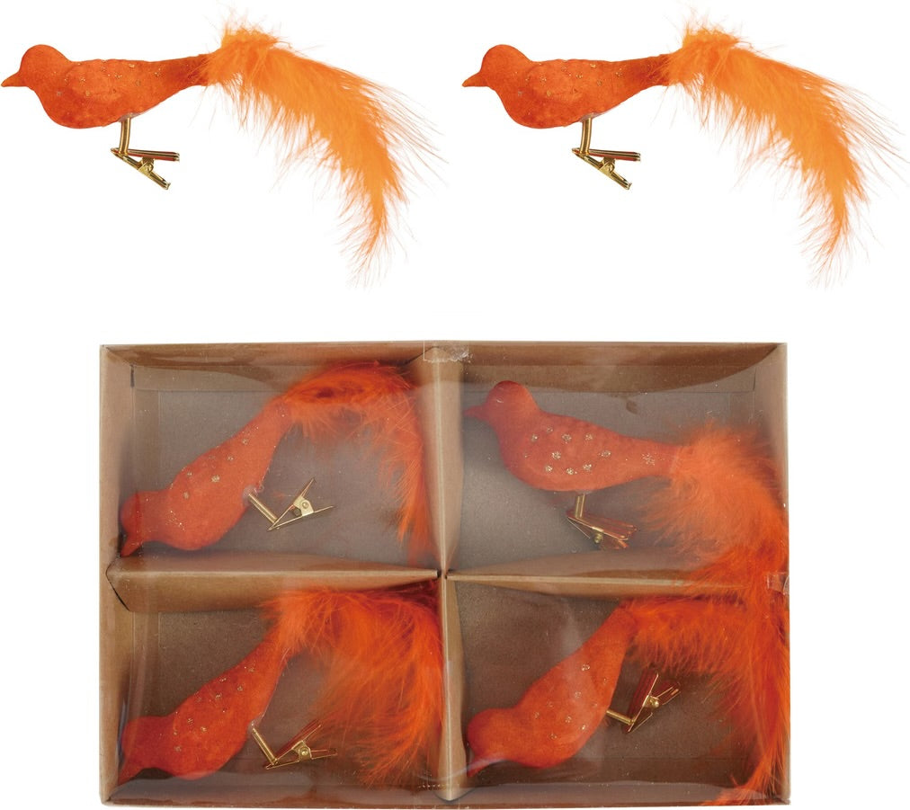 Hand Painted Glass & Feather Clip-On Bird Set of 4